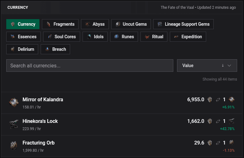 Currency list showing category filters, search, and live exchange values with trend indicators
