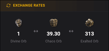 Exchange rates card showing real-time Divine, Chaos, and Exalted Orb conversion rates