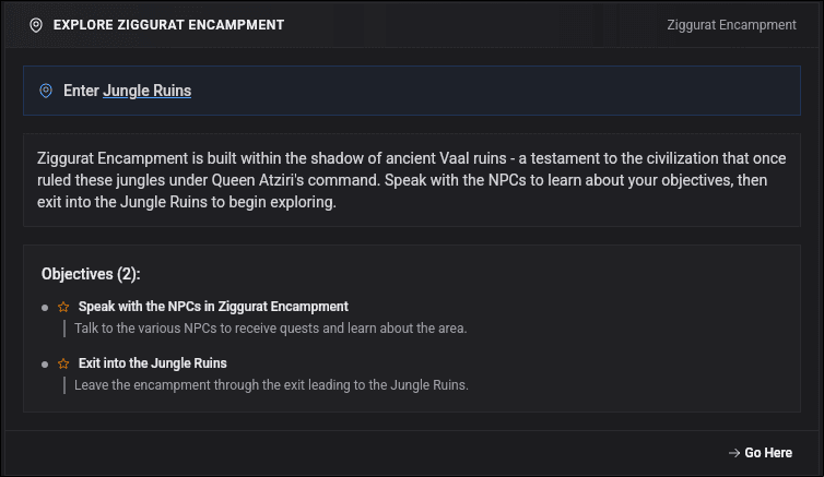 Walkthrough step card showing campaign objectives and zone navigation